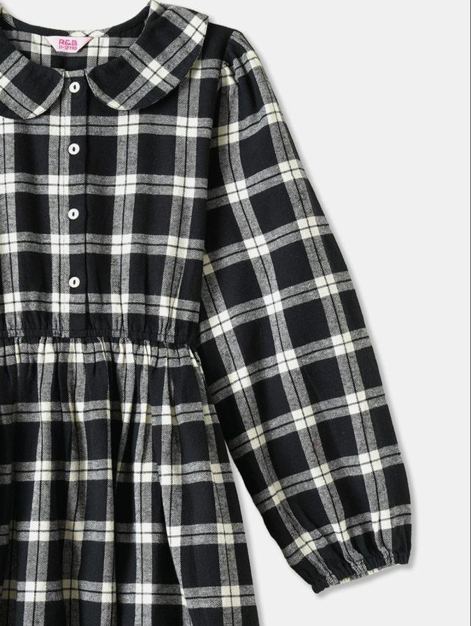 R&B Black Checked  Girls Long Sleeves Dress