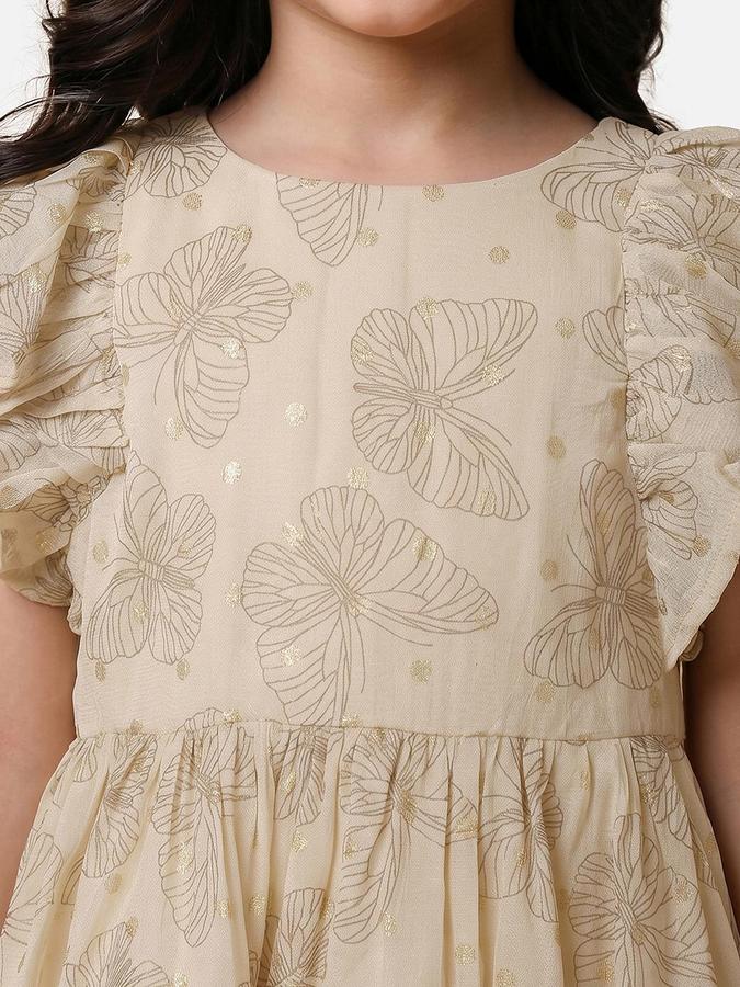 R&B Beige Viscose Printed Girls Dresses