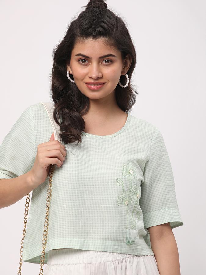 Women Polyester Blend Boxy Round Neck Embroidered Ethnic Top