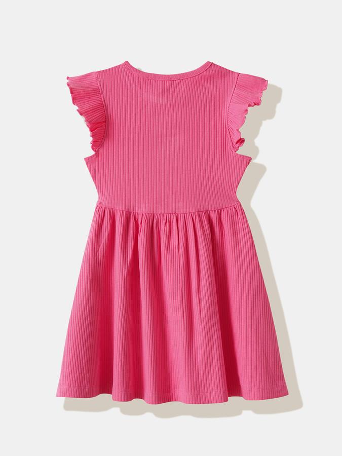 Girls Cotton Regular Fit Round Neck Ruffled Dress