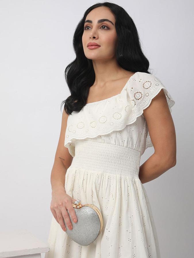 R&B Women Off White Self Design Sleeveless One Shoulder Mini Fit &amp; Flare Dress