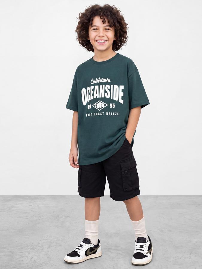 R&B Boys Green Graphic Print Short Sleeves Round Neck Pure Cotton T-Shirt