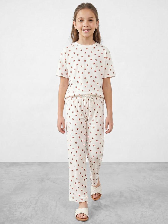 R&B Girls Off White Printed Round Neck Short Sleeves Pure Cotton T-shirt &amp; Pyjamas Set