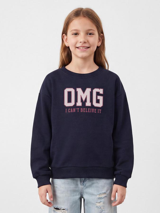 R&B Girls Dark Blue Typography Placement Print Long Sleeves Round Neck Sweatshirt