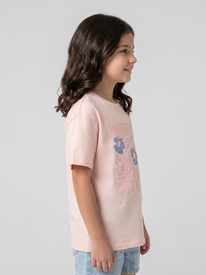 R&B Pink Graphic Print Girls Round Neck Regular Fit Short Sleeves T-Shirt 