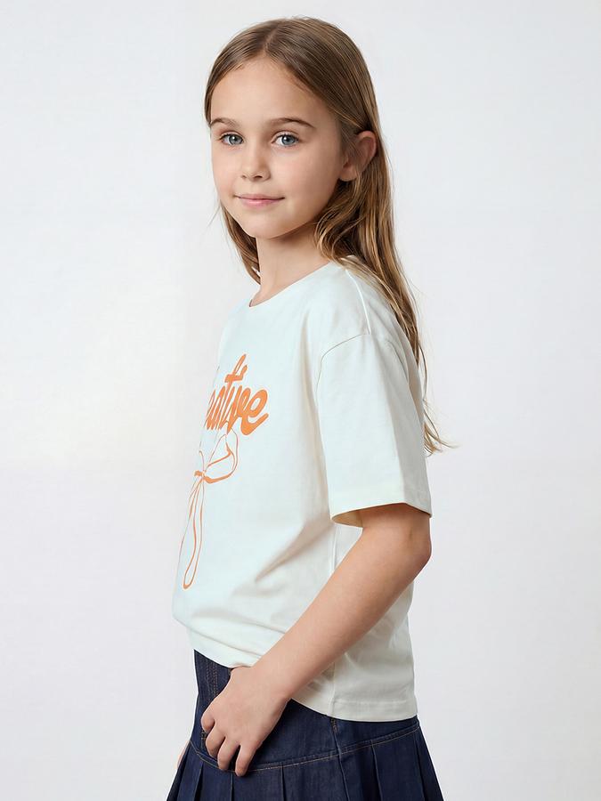 R&B Girls White Regular Fit Bow Printed Short Sleeve T-shirt