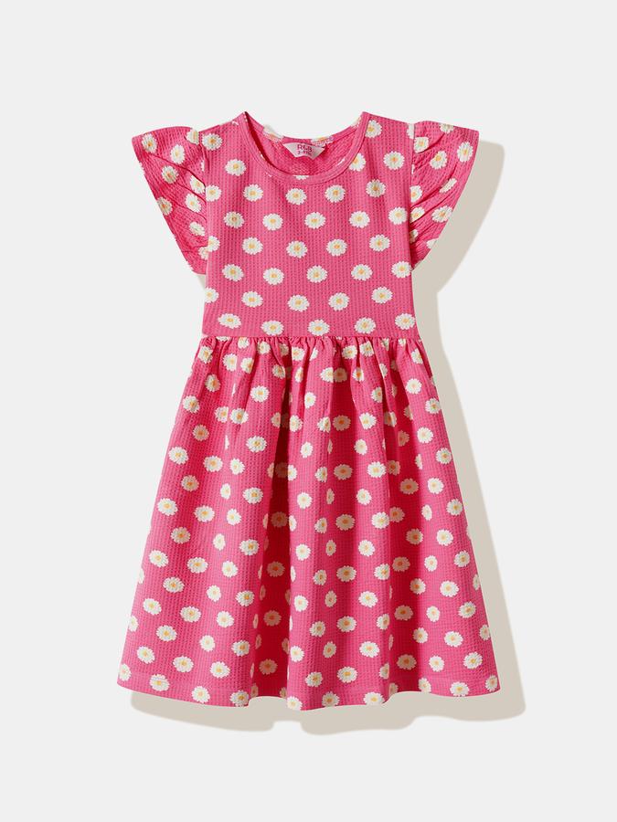 Girls Cotton Regular Fit Round Neck Ruffled Dress