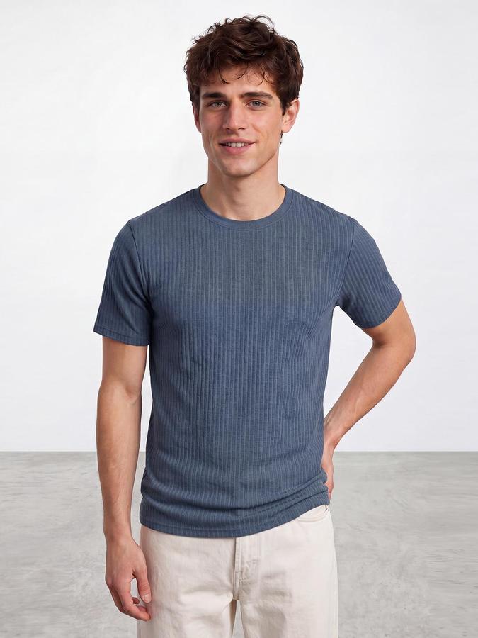 R&B Men Blue Ribbed Short Sleeves Tshirt