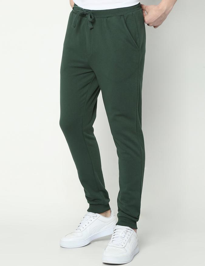 Men Cotton Slim Fit Elastic Waist Elasticated Cuff Solid Trousers