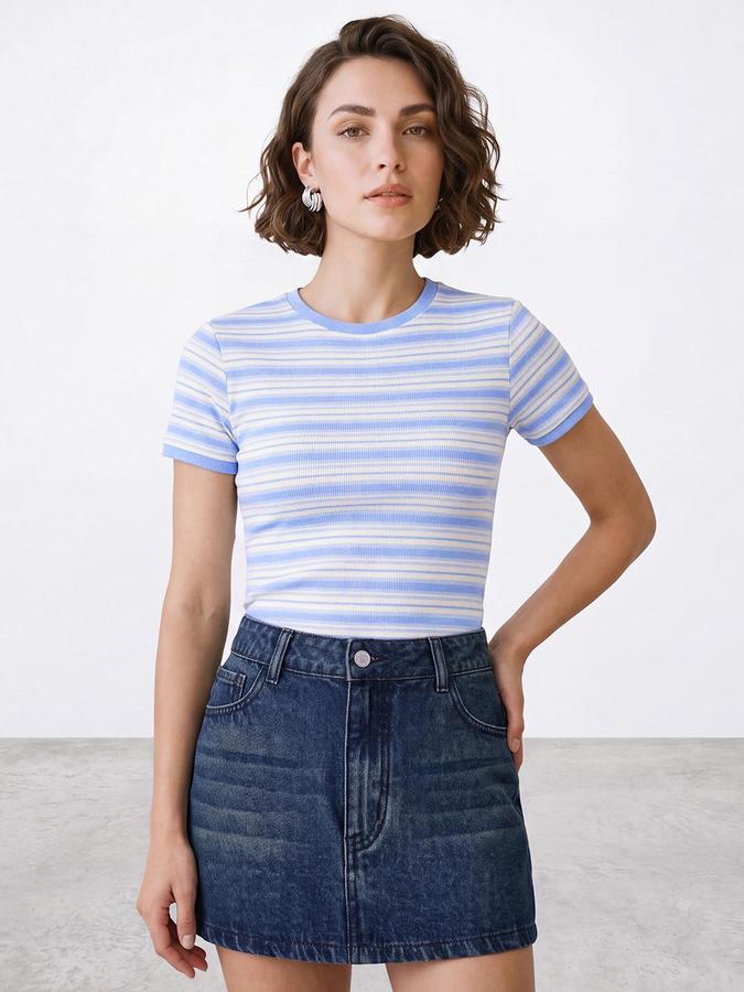 R&B Womens Blue Round Neck Short Sleeves Striped Crop Top
