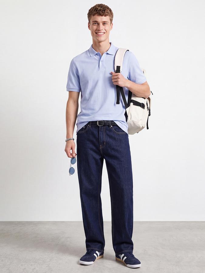 R&B Men Sky Blue Solid Short Sleeves Pure Cotton Polo Collar Tshirt