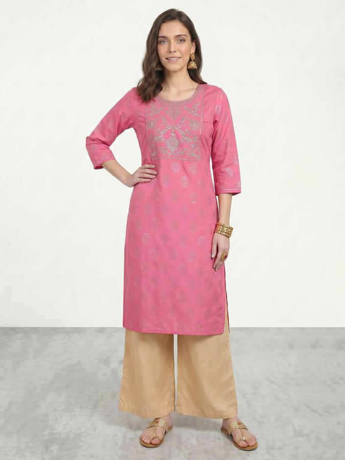 R&B Viscose Pink Embroidered Round Neck Women Kurtas