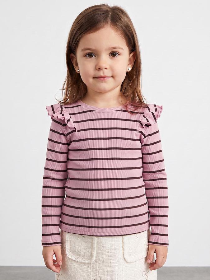 R&B Girls Pink Striped Long Sleeves Round Neck Ribbed T-Shirt