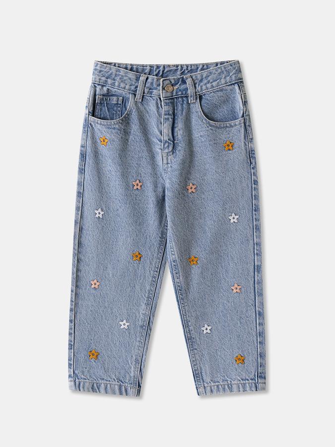 Girls Denim Regular Fit Button Waist Embroidered Jeans