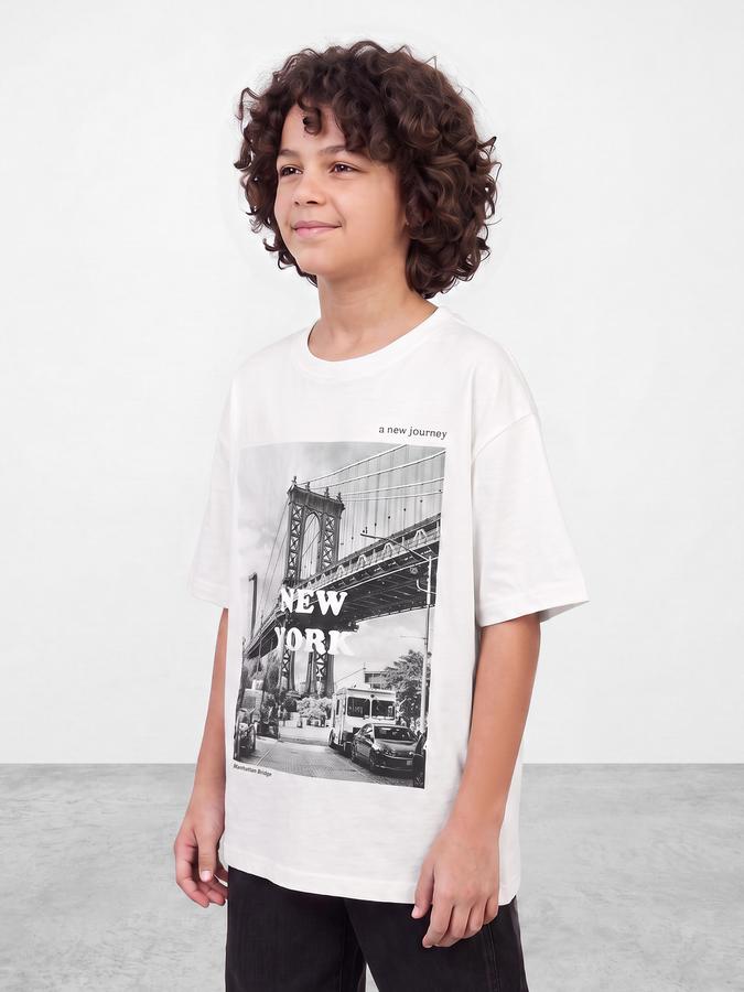 R&B Boys White Graphic Print Short Sleeves Round Neck Pure Cotton T-Shirt