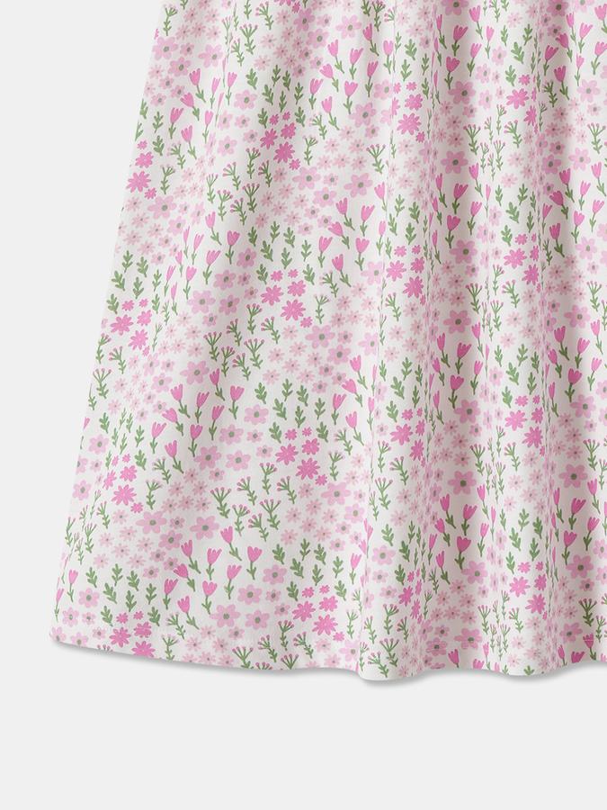 Girls Floral Print Short Sleeves Round Neck Knee Length Dress