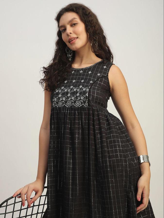 R&B Black Checked  Women Sleeveless Kurta