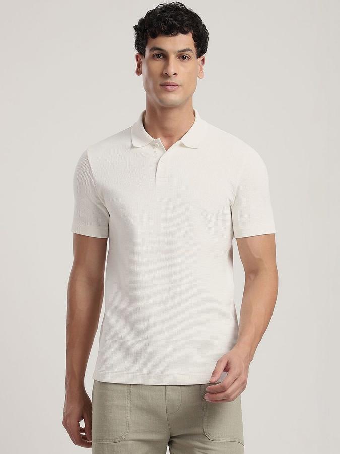 R&B Mens Ivory Self Design Polo Collar Short Sleeves T-shirt