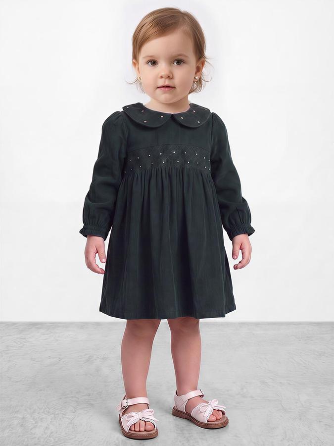 R&B Girls Teal Embellished Peter Pan Collar Bishop Sleeves Empire Waist Dress
