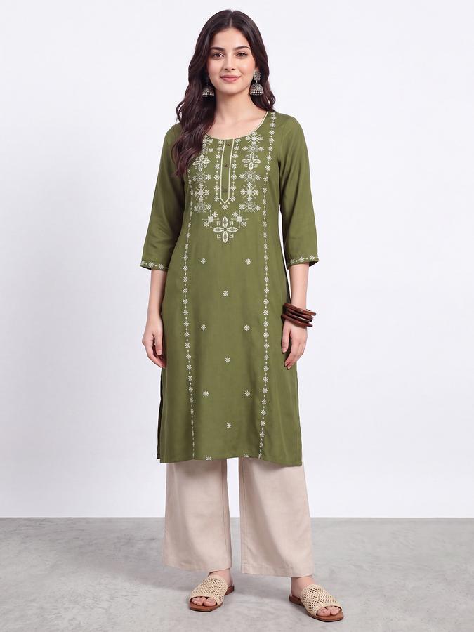 R&B Womens Olive Three-Quarter Sleeves Round Neck Floral Embroidery Straight Kurta