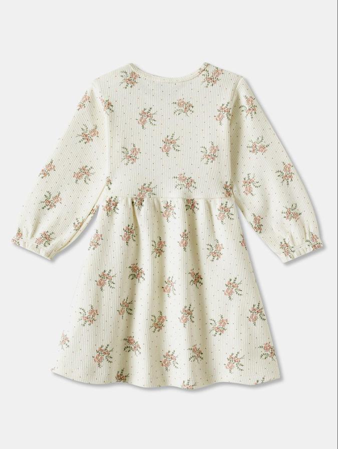 R&B Off White Floral Printed Girls Long Sleeves Dress