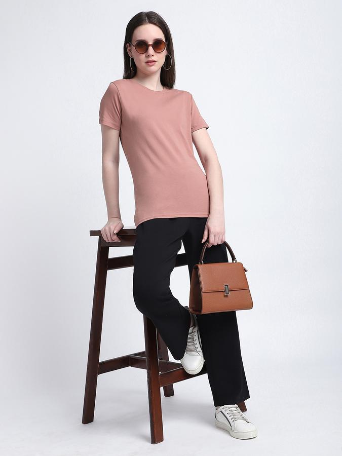 Women Cotton Blend Regular Fit Crew Neck Solid T-shirt