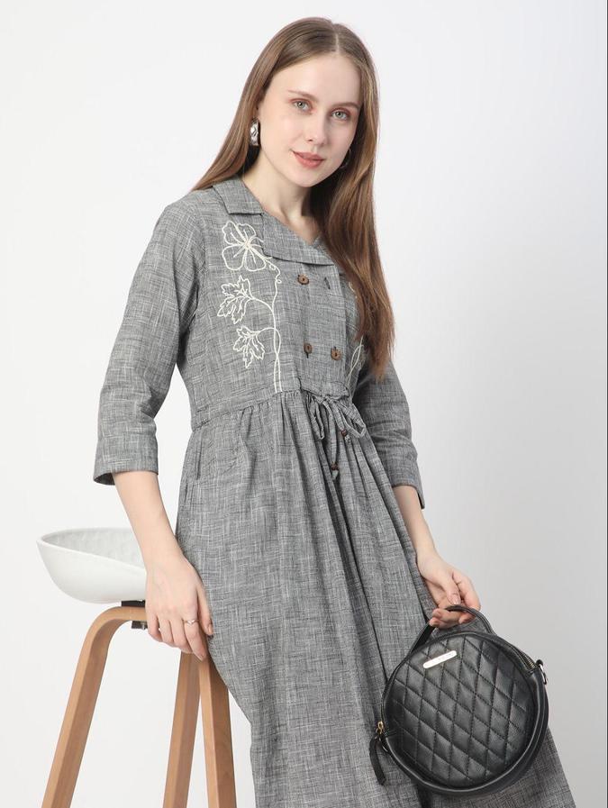 R&B Off White Checked  Women Three-Quarter Sleeves Dress