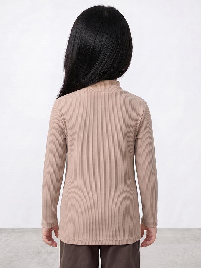 R&B Girls Beige Textured Long Sleeves High Neck Ribbed T-Shirt