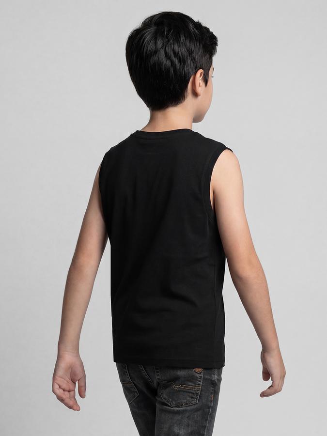 R&B Black Graphic Print Boys Round Neck Regular Fit Sleeveless T-Shirt 