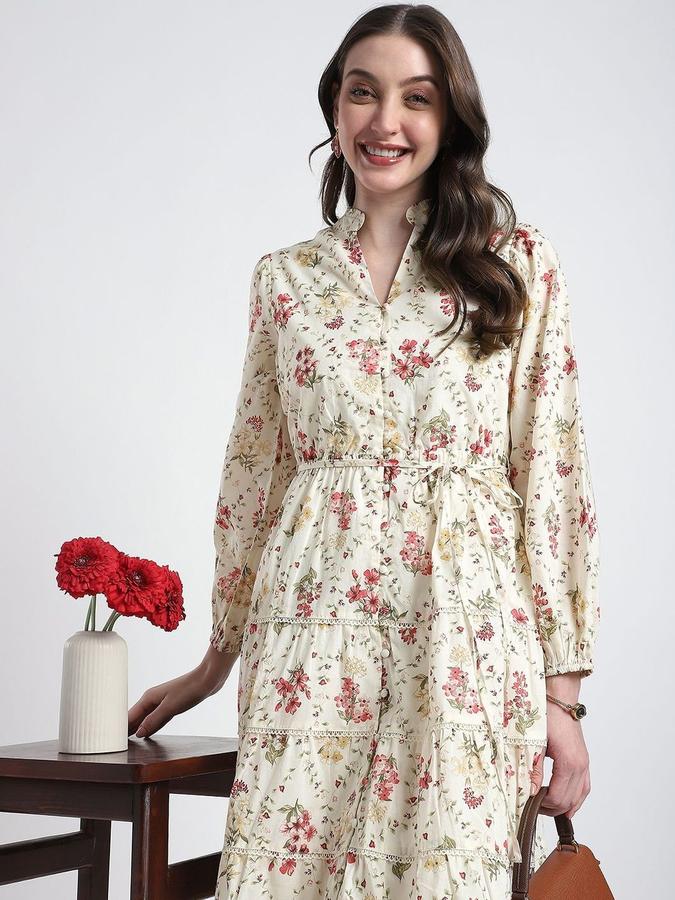 R&B Women Ivory Floral Long Sleeves Mandarin Collar Midi Fit &amp; Flare Dress