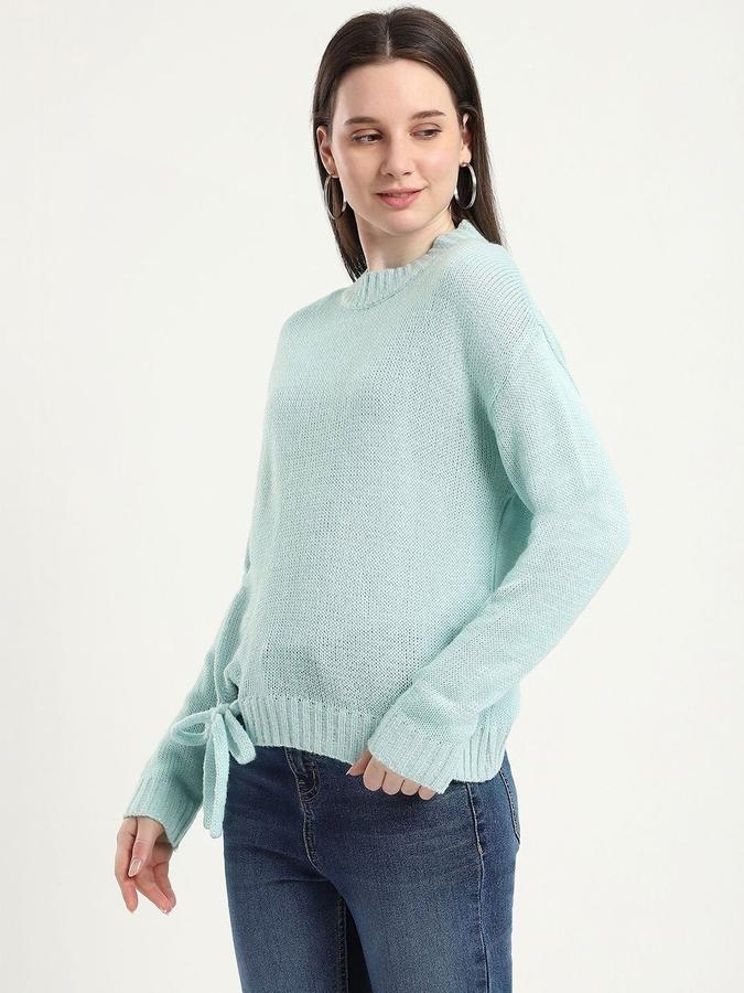 R&B Women Sea Green Round Neck Solid Long Sleeves Sweater