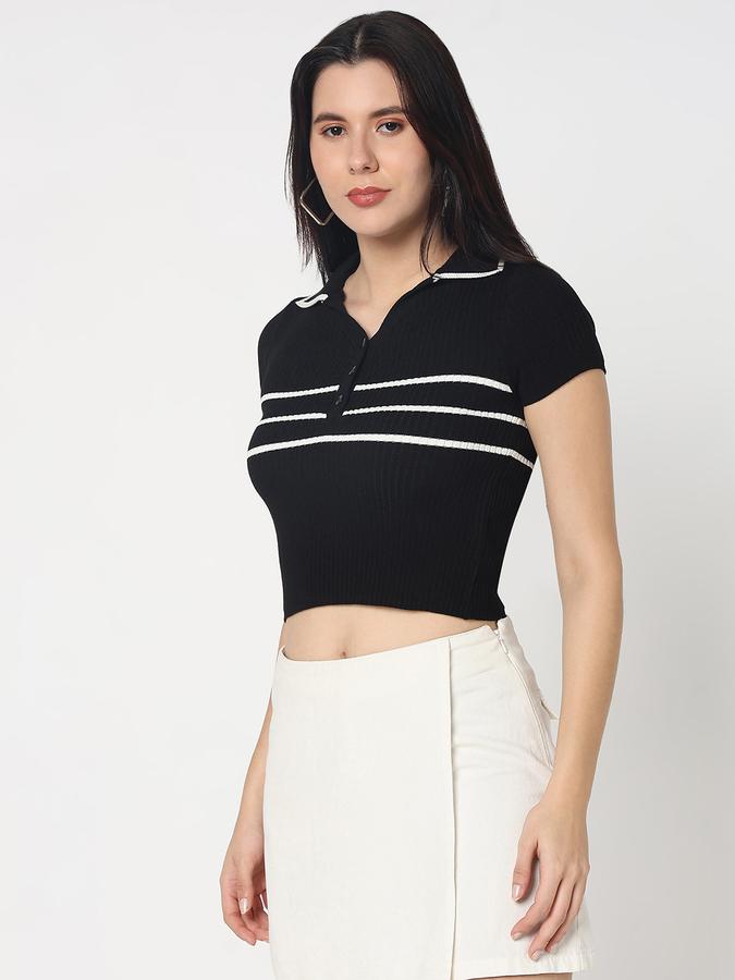 Women Viscose Slim Fit Polo Neck Striped Top
