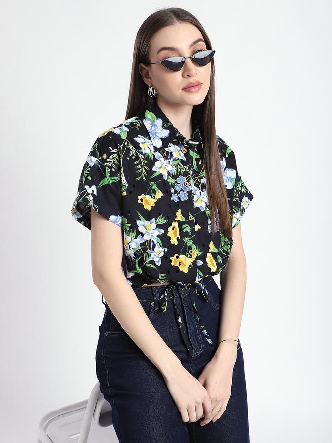 R&B Women Black Floral Print Short-Sleeve Shirt