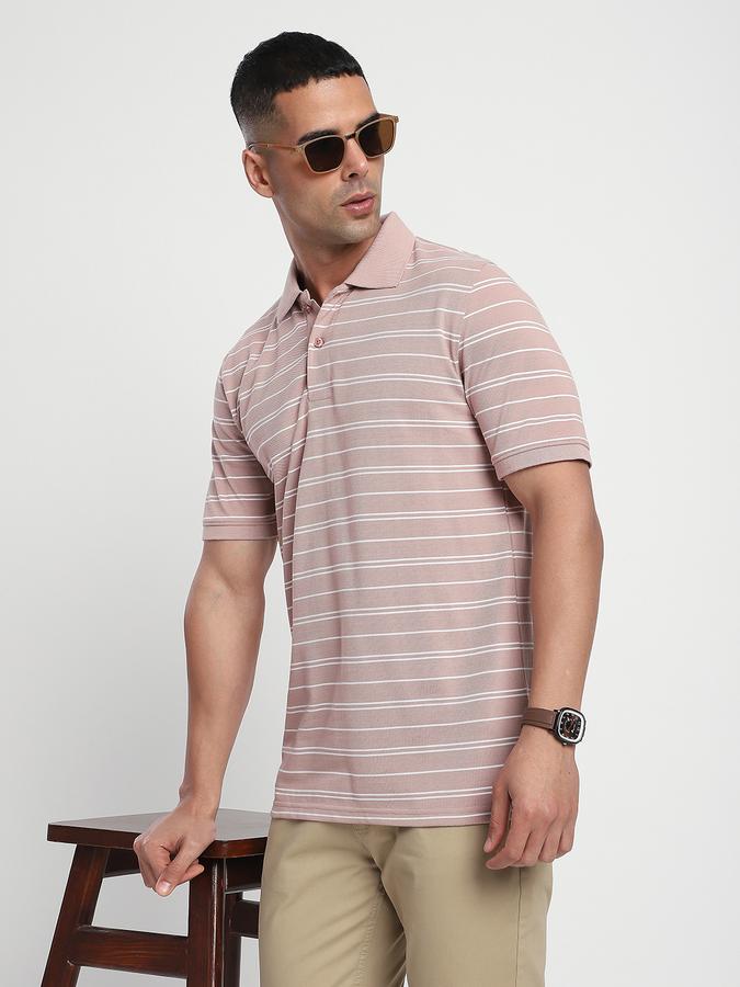 Men Cotton Blend Regular Fit Polo Neck Striped T-shirt