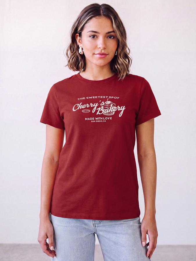 R&B Women Red Typography Printed  Short Sleeves Pure Cotton T-shirt