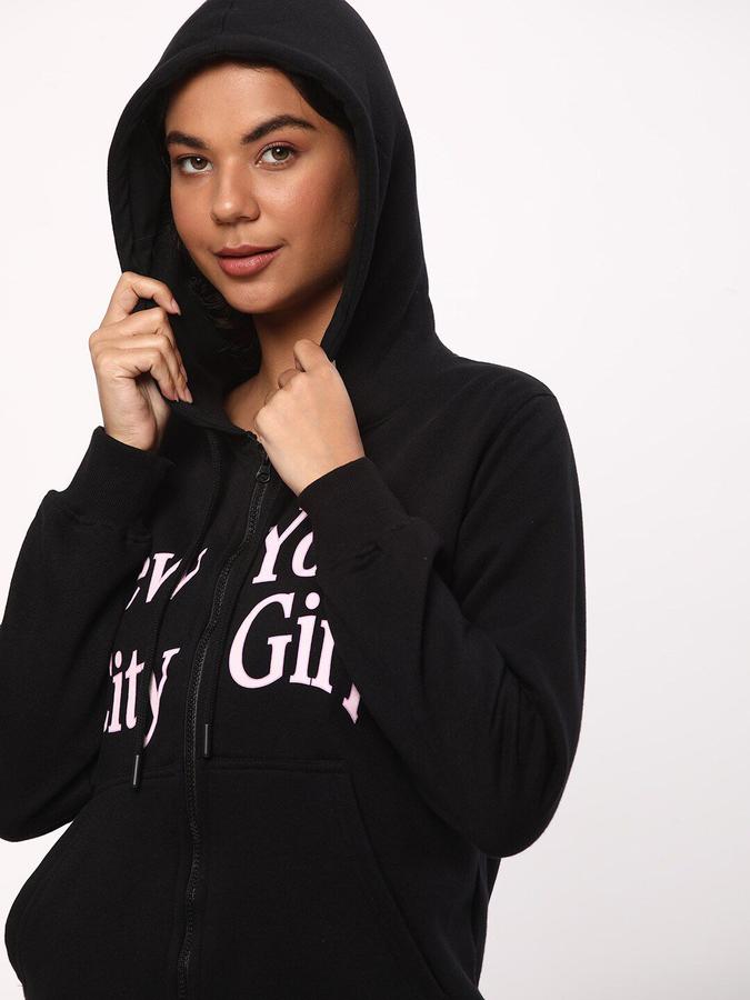 R&B Women Black Long Sleeves Graphic Hooded Neck Jacket