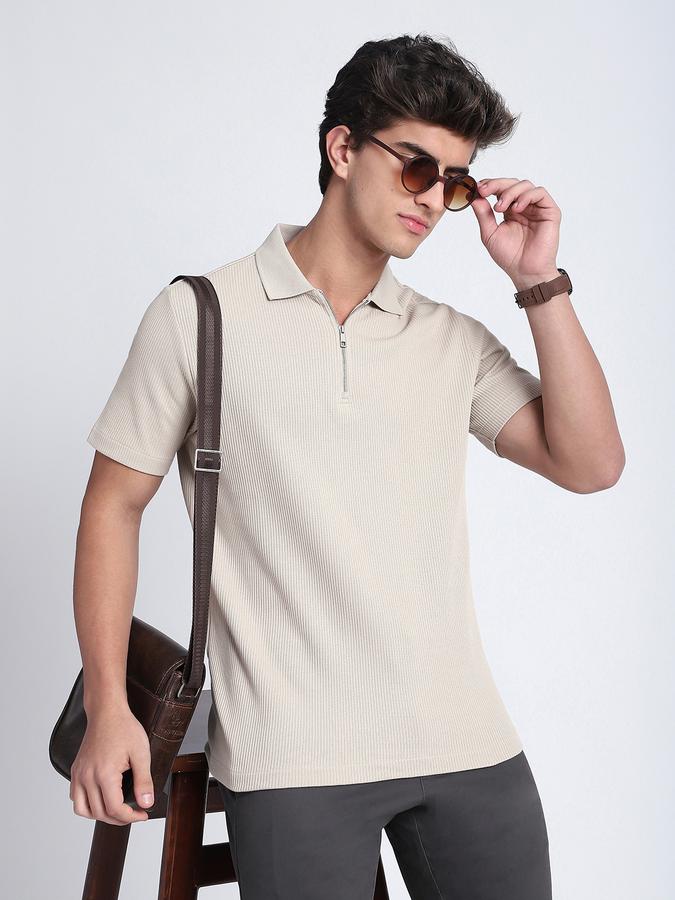 Men Cotton Regular Fit Polo Neck Textured T-shirt