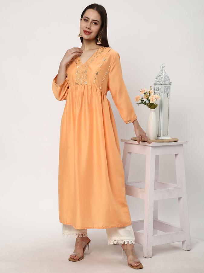 Women Polyester Blend Regular Fit V Neck Embellished Kurta