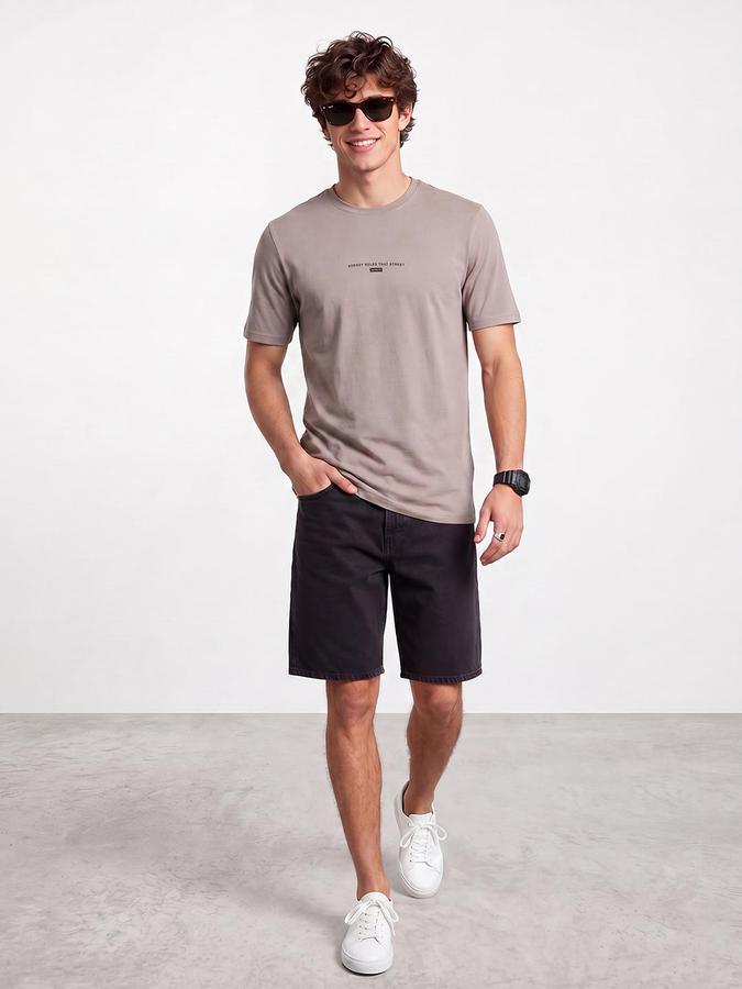 R&B Men Frappe Brown Typography Printed Pure Cotton Short Sleeves Tshirt