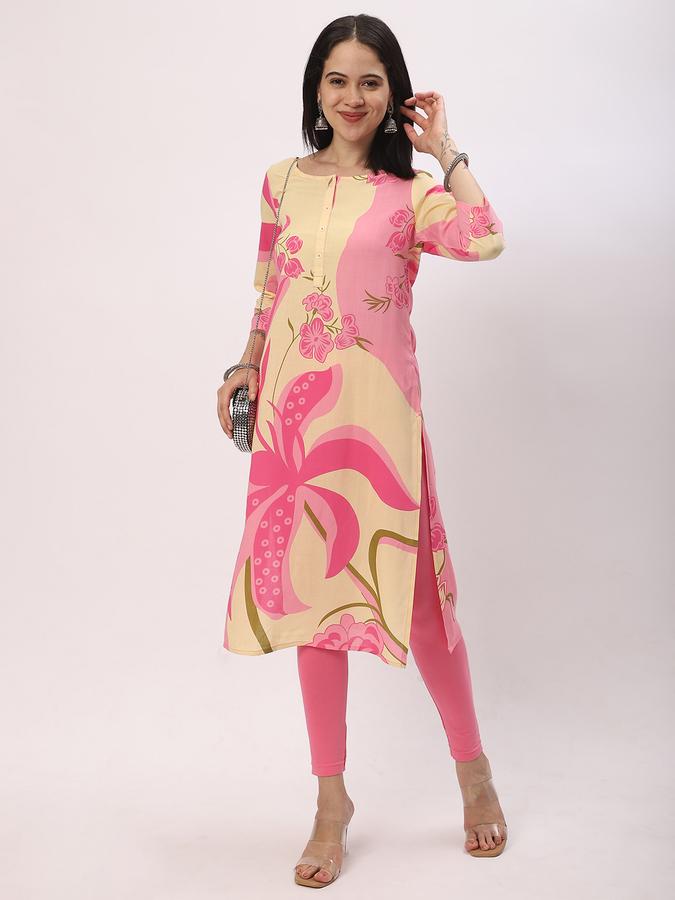Women Rayon Regular Fit Round Neck Printed Kurta