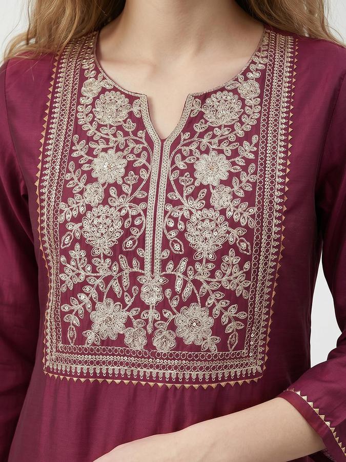 R&B Women Maroon Embroidered Round Neck Three-Quarter Sleeves Calf Length Straight Kurta 