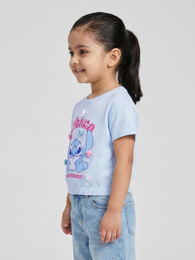 R&B Girls Blue Regular Fit Stitch Printed Short Sleeve T-shirt