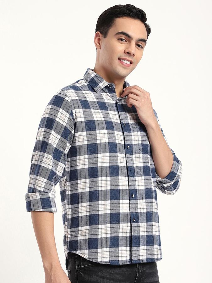 R&B Men Navy Blue Checked Long Sleeves Shirt 