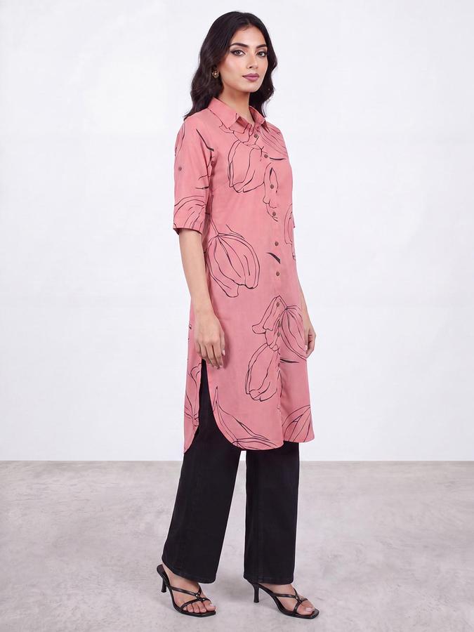 R&B Women Pink Floral Print Shirt Collar Short Sleeves Straight Kurta