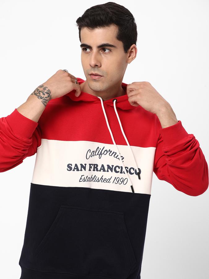 Men Fleece Regular Fit Hooded Colour Block Sweatshirt