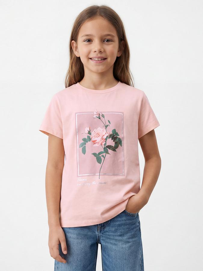 R&B Girls Pink Floral Print Regular Fit Round Neck Half Sleeve T-Shirt