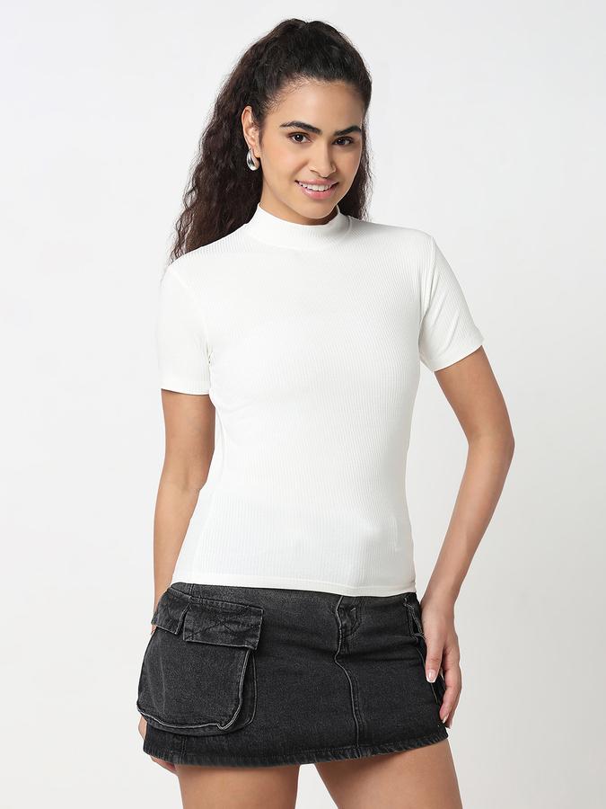 R&B Women Ivory Solid Ribbed Top