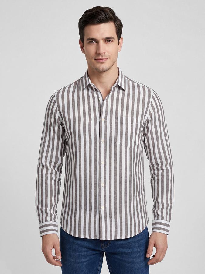 R&B Rust Striped Men Spread Collar Long Sleeves Shirt