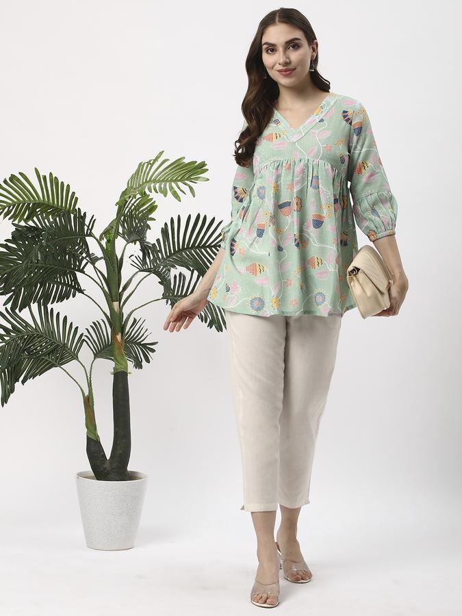 Women Polyester Relaxed Fit V-Neck Printed Ethnic Top