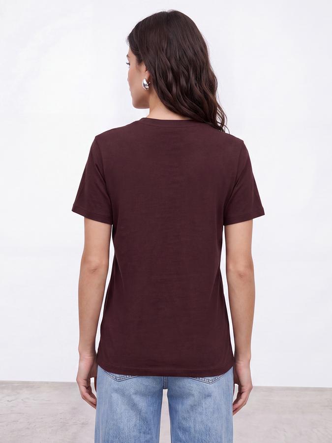 R&B Women Wine Burgundy Typographic Print Short Sleeves Pure Cotton Tshirt